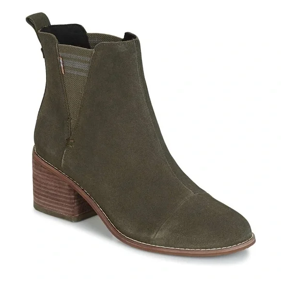 Toms Esme Tarmac Olive Green Suede Chelsea Heeled Boots Size 10 - Picture 1 of 12